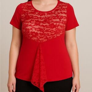 Red Plus Size New Stretchy Women's Red Lace Detail Top Blouse